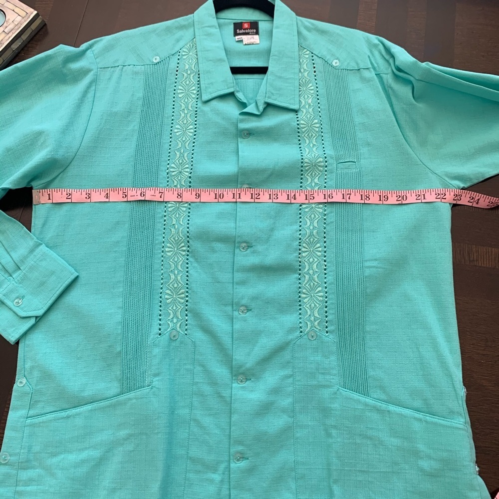 𝅺Guayabera Shirt Long Sleeve 100% Linen Teal NWOT - Picture 4 of 13